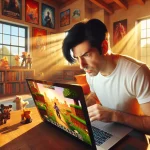 PlayMyWorld com game interface with kids enjoying online gaming on tablet and desktop in a colorful setting.