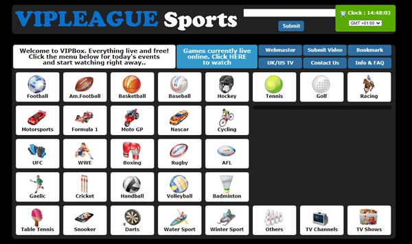 vipleague homepage showing multiple live sports streaming options