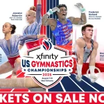 Olympic gymnast performing on balance beam during finals, related to artistic gymnastics Olympics tickets demand.