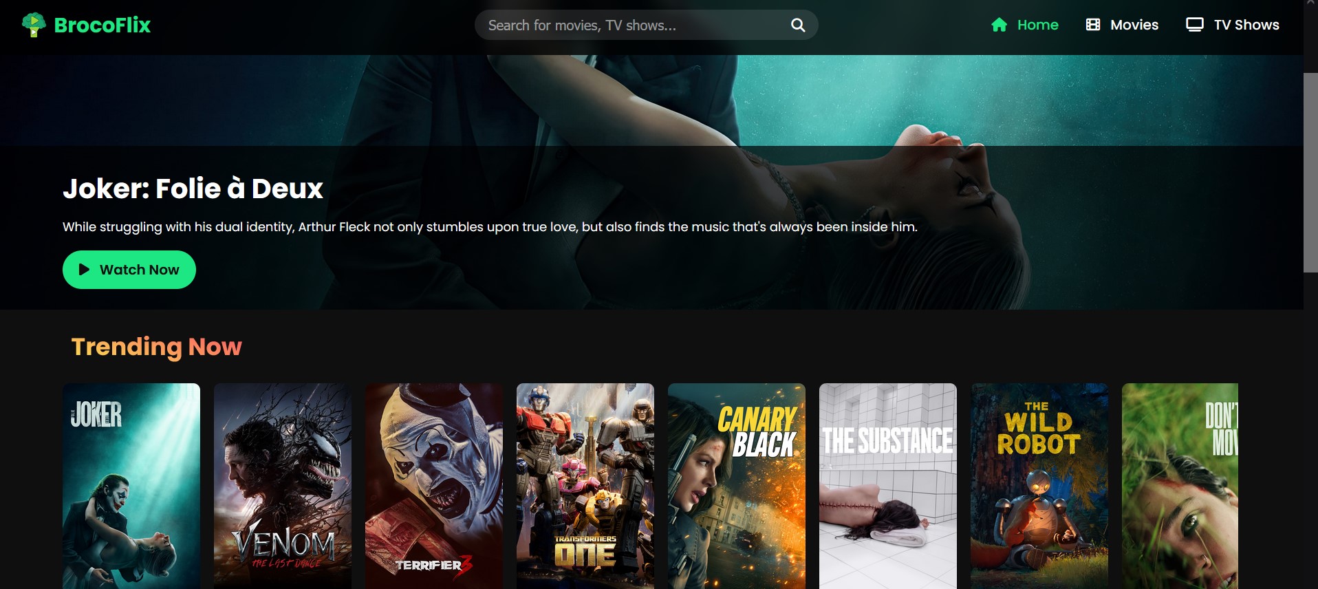 Brocoflix streaming website interface showing free movies and TV shows in HD