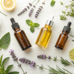 Flat lay of assorted EO Pis bottles with lavender, peppermint leaves, eucalyptus, citrus slices, and a diffuser—illustrating natural wellness uses of essential oils.