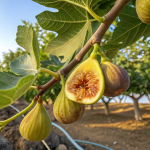 Ripe Byadi figs on a fig tree with golden skin and green leaves in a Mediterranean garden.