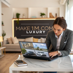 User exploring luxury investments and premium products on HDMake1M.com Luxury website in a modern home setting.