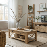 Scandinavian-style living room with a vase of decorative pyntekvister branches on a wooden coffee table, surrounded by neutral-toned furniture and cozy natural accents.