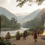 Traditional Mariano Iduba festival with locals in cultural attire dancing around a sacred fire in a natural landscape.