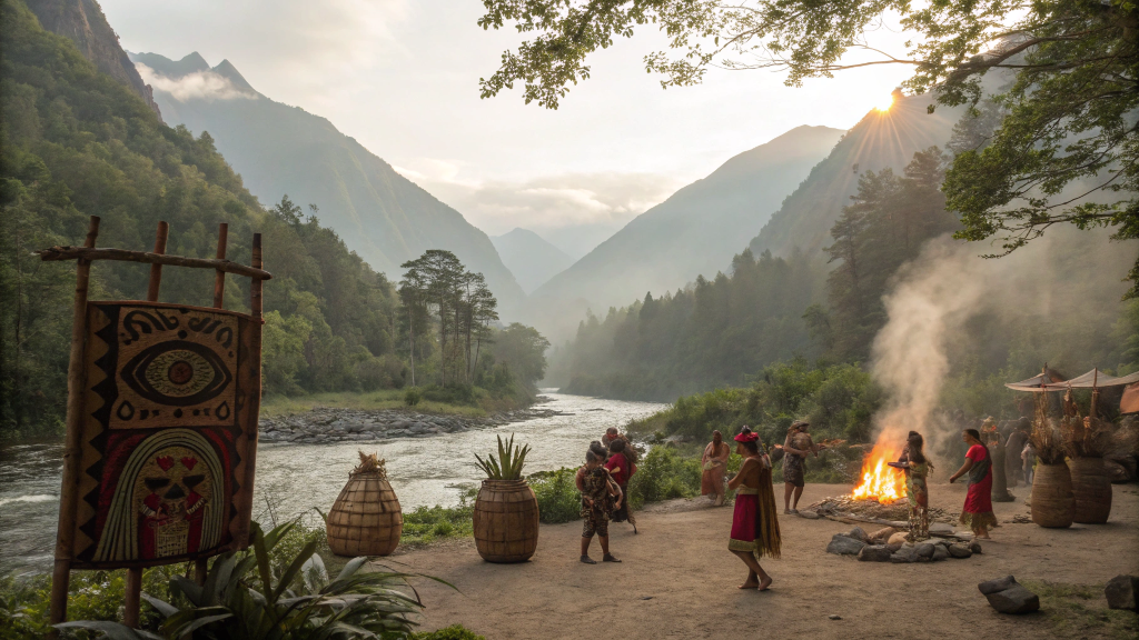 Traditional Mariano Iduba festival with locals in cultural attire dancing around a sacred fire in a natural landscape.