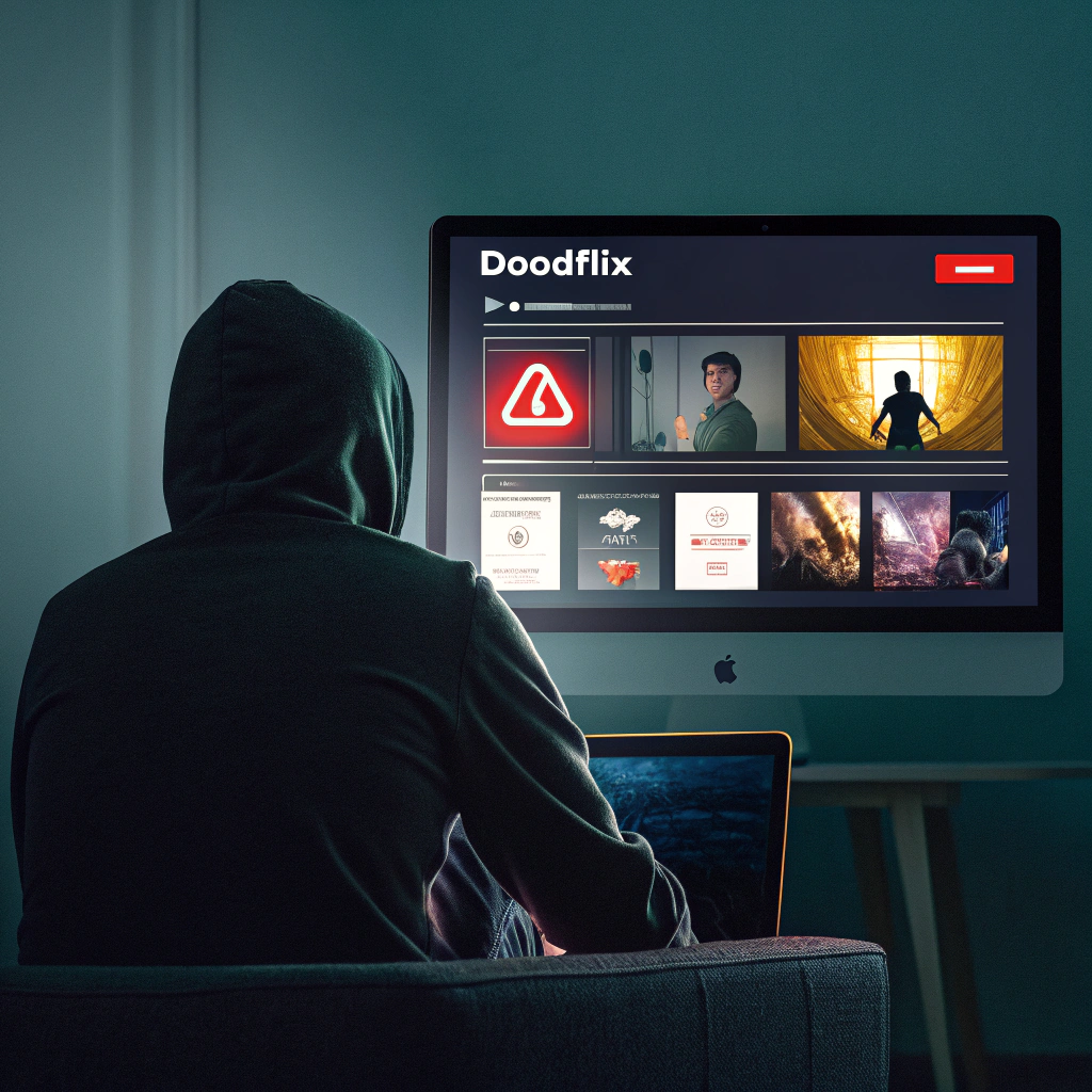 User accessing Doodflix streaming site with pop-up malware warnings and security alerts on screen.