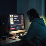 Person using a computer to access pirated movie site HDMovieArea with risky pop-ups and download links