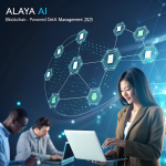 Illustration of Alaya AI’s decentralized data platform with blockchain nodes and AI neural network integration, representing secure and transparent data sharing.