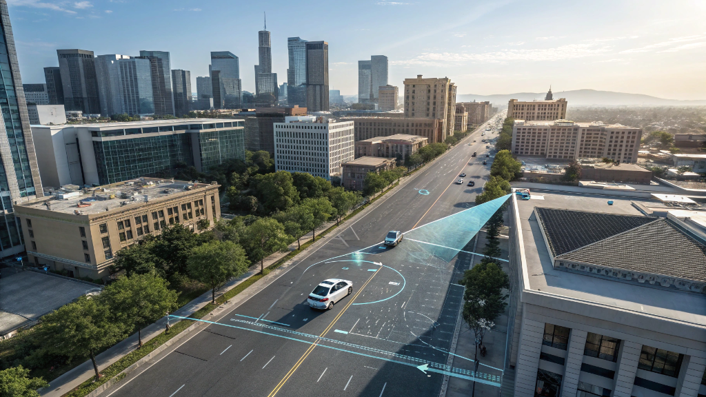 Lidar technology scanning an urban area with 3D point cloud mapping using Lidarmos system.