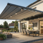 A modern outdoor patio with a stylish retractable markiseteppe awning providing shade over a seating area on a sunny day.