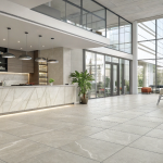 Elegant modern kitchen with matte ceramic tile flooring and walls, showcasing durable and sustainable Sodiceram surfaces in a naturally lit space.
