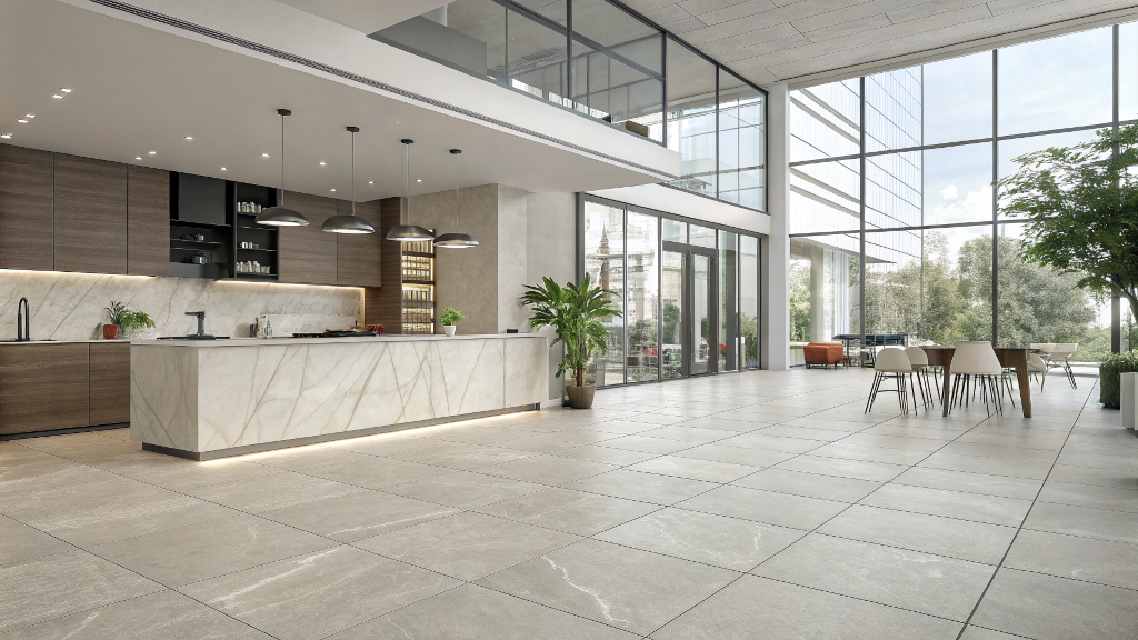 Elegant modern kitchen with matte ceramic tile flooring and walls, showcasing durable and sustainable Sodiceram surfaces in a naturally lit space.