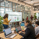 Diverse professionals collaborating in a modern coworking space with WebLinkFusion.com interface on screen.