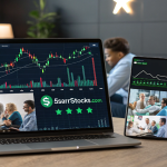 User trading stocks on 5StarsStocks.com using a laptop and smartphone with live market charts and financial data on screen.