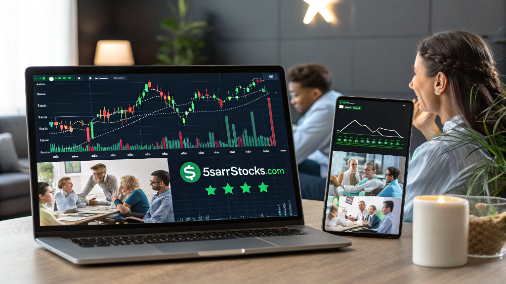 User trading stocks on 5StarsStocks.com using a laptop and smartphone with live market charts and financial data on screen.
