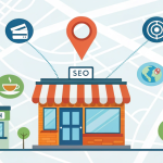Local business highlighted on a digital map with SEO icons and location pins, representing Garage2Global local SEO services.