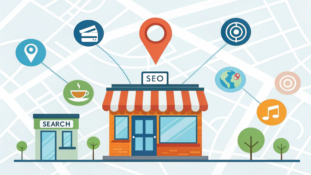 Local business highlighted on a digital map with SEO icons and location pins, representing Garage2Global local SEO services.