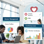 Charity workers managing donor data on laptops using a CRM system in a modern office