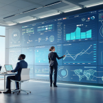 Team of professionals analyzing and classifying AI SaaS products on large digital screens in a tech office