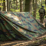 Camouflage Tarnplanen tarp covering military equipment in a forest environment, blending with green and brown surroundings.