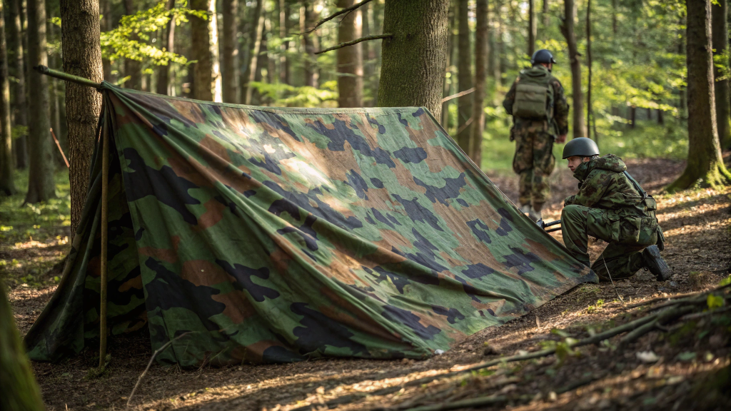 Camouflage Tarnplanen tarp covering military equipment in a forest environment, blending with green and brown surroundings.