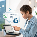 User checking improved credit score on GoMyFinance.com with upward trend graph