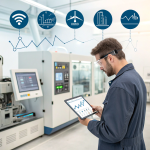 Technician using a tablet to monitor real-time kalibraatio data in a modern manufacturing facility
