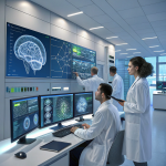 Scientists in a neuroscience lab analyzing brain scans and molecular data for neurological disease research.