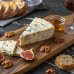 A wedge of marbled Masgonzola cheese on a wooden board with figs, walnuts, and artisan bread slices.