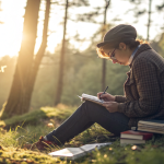 A creative and thoughtful person sitting peacefully in nature, representing the elegant and mysterious personality behind the name Sylveer.