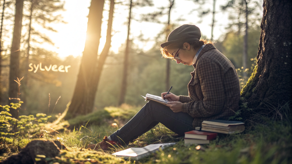 A creative and thoughtful person sitting peacefully in nature, representing the elegant and mysterious personality behind the name Sylveer.