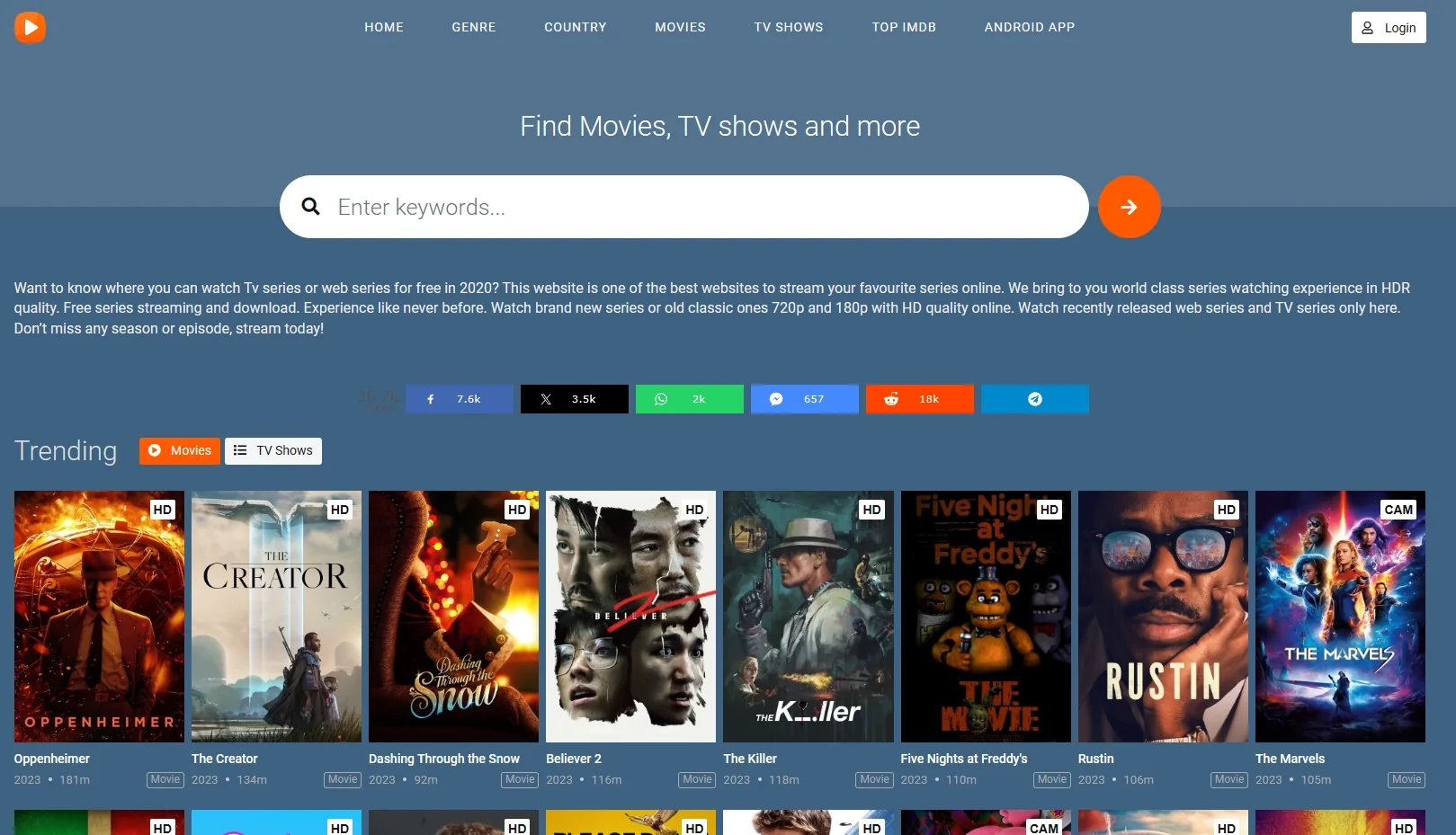 Cataz movie streaming homepage with popular films and TV shows online free