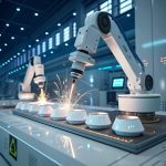 Robotic arms processing high-performance ceramics in a futuristic Sodiceram lab with advanced tools and holographic displays