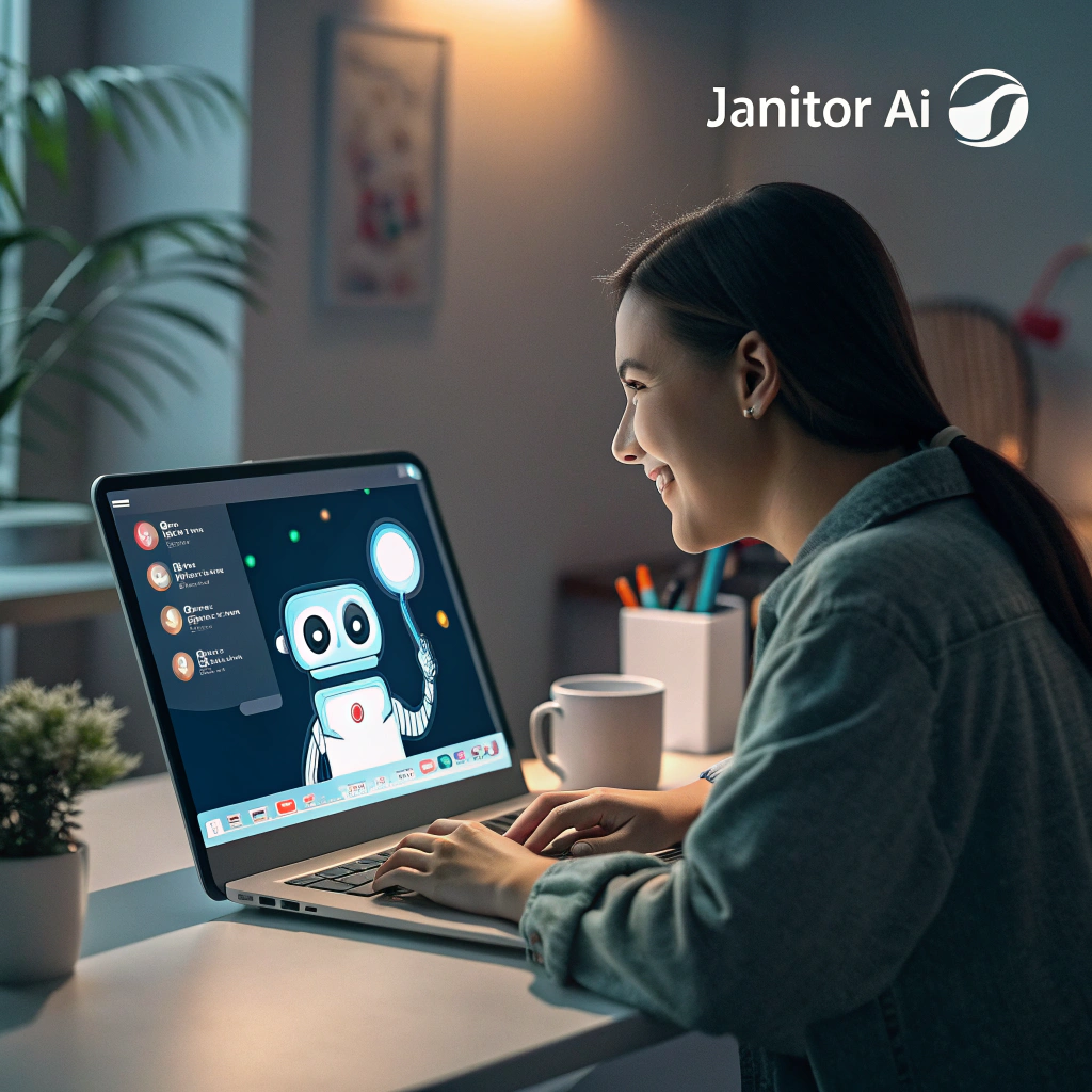 User chatting with a custom Janitor AI character on a futuristic chatbot interface at home in 2025