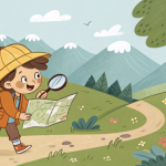 Child exploring nature with Jr Geo tools like a map and magnifying glass.