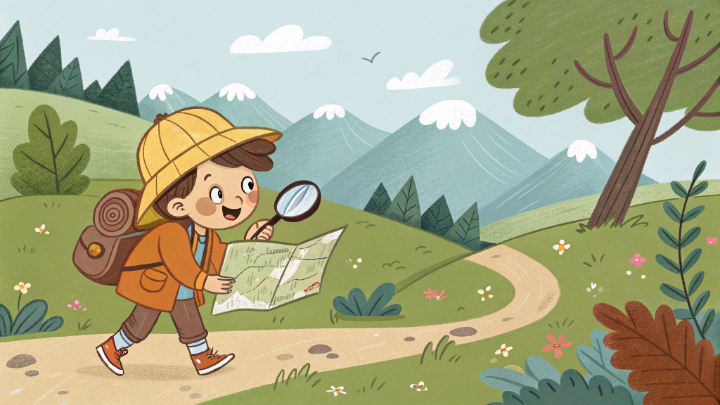 Child exploring nature with Jr Geo tools like a map and magnifying glass.