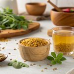 Wooden bowl of foenegriek seeds with tea and fresh fenugreek leaves on a rustic kitchen table