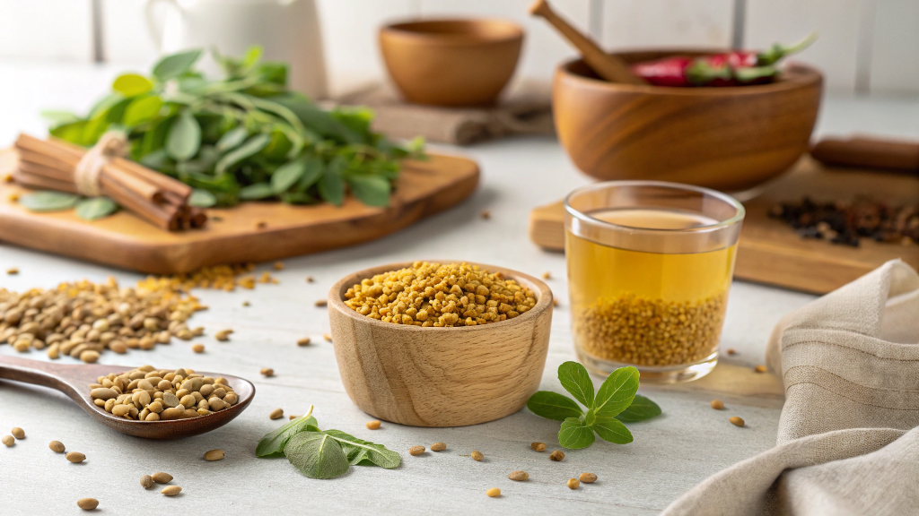 Wooden bowl of foenegriek seeds with tea and fresh fenugreek leaves on a rustic kitchen table