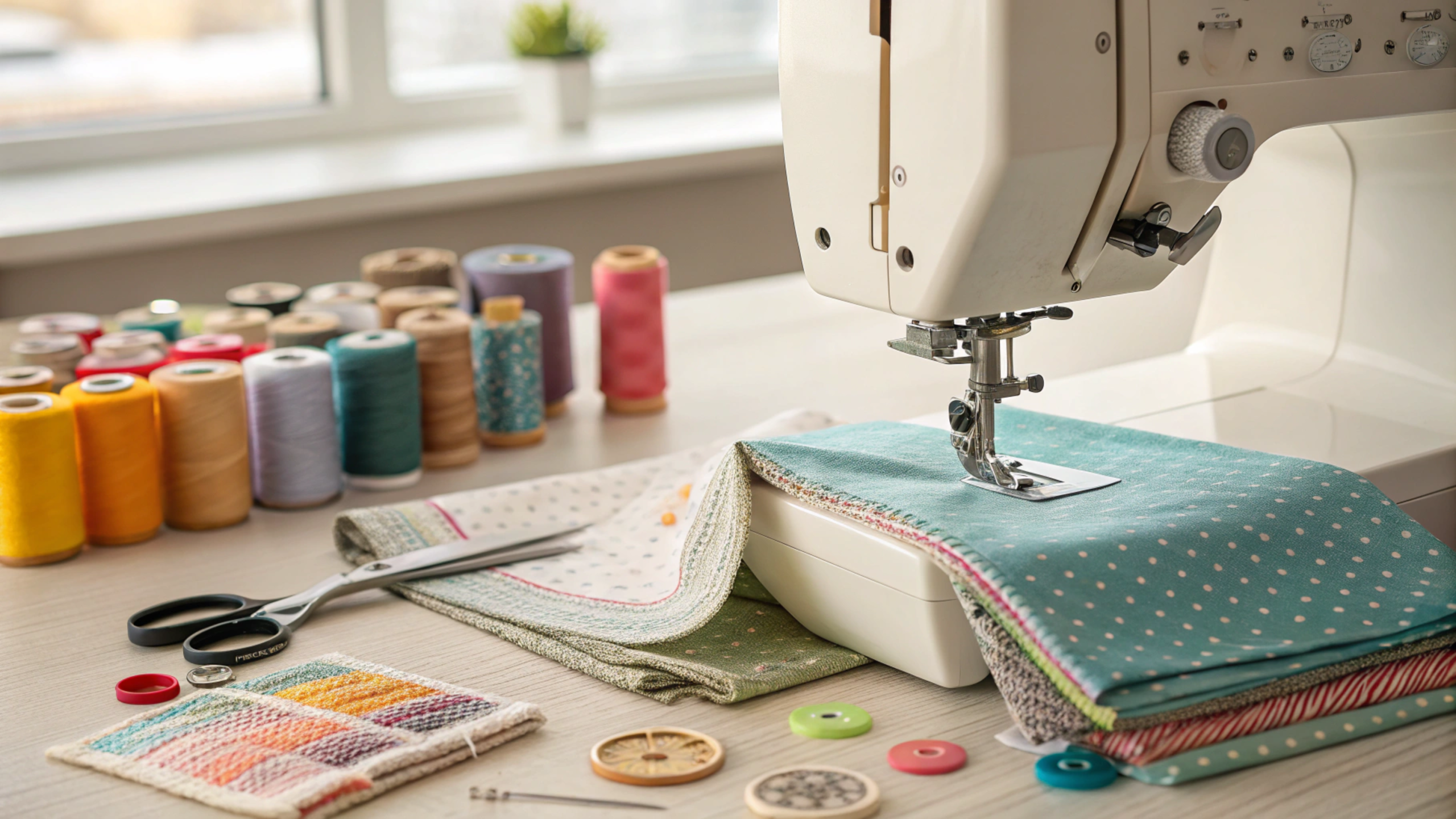 "Close-up of a sewing machine needle stitching fabric with colorful thread, symbolizing common mistakes with Nahttypen and how to avoid them."