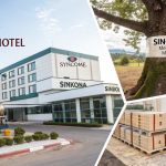 A visual collage of Sinkom references including a Serbian hotel, pharmaceutical medicine, Sinkona tree, Sinbo appliances, and shipping containers.