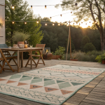 Stylish Markiseteppe outdoor rug under a wooden patio set with plants and string lights