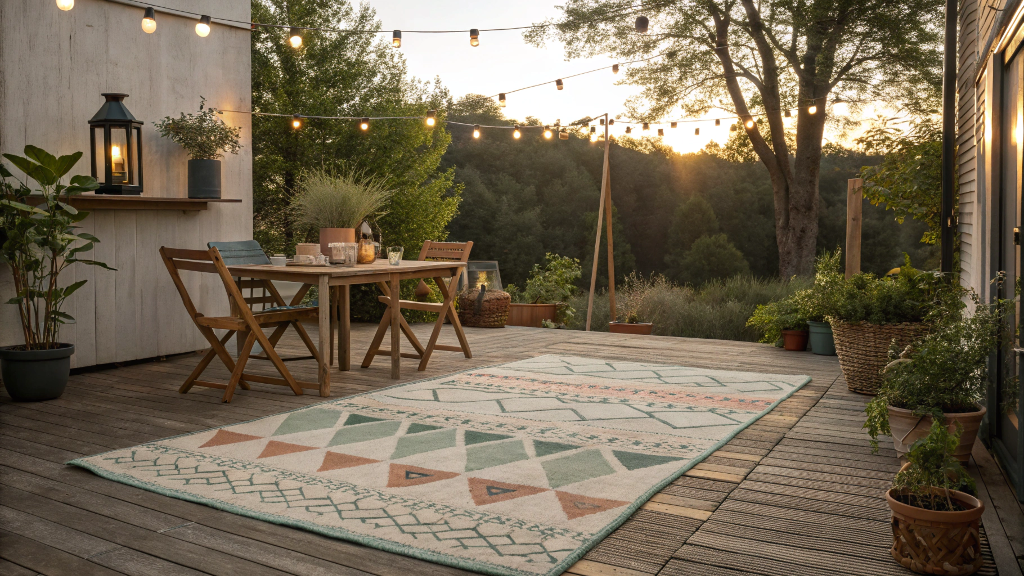 Stylish Markiseteppe outdoor rug under a wooden patio set with plants and string lights