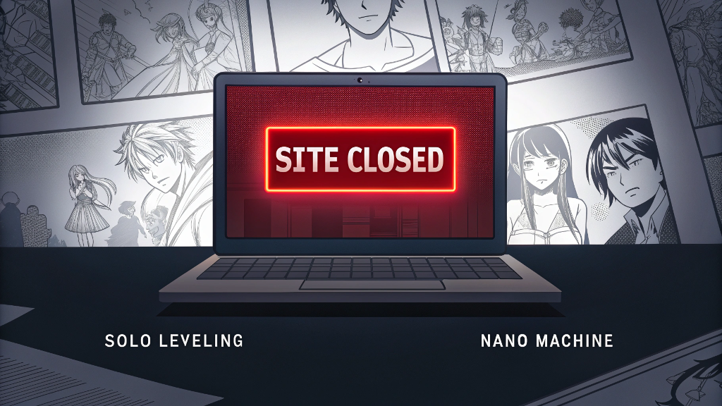 "Reaper Scans website shutdown message with manhwa panels fading in the background – symbolizing the end of a fan-favorite scanlation site."