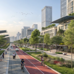 Modern sustainable city with green rooftops, bike lanes, and smart technology in an Axurbain-style urban neighborhood.