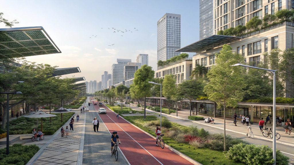 Modern sustainable city with green rooftops, bike lanes, and smart technology in an Axurbain-style urban neighborhood.
