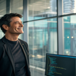 Portrait of Mariano Iduba in a modern technology office.