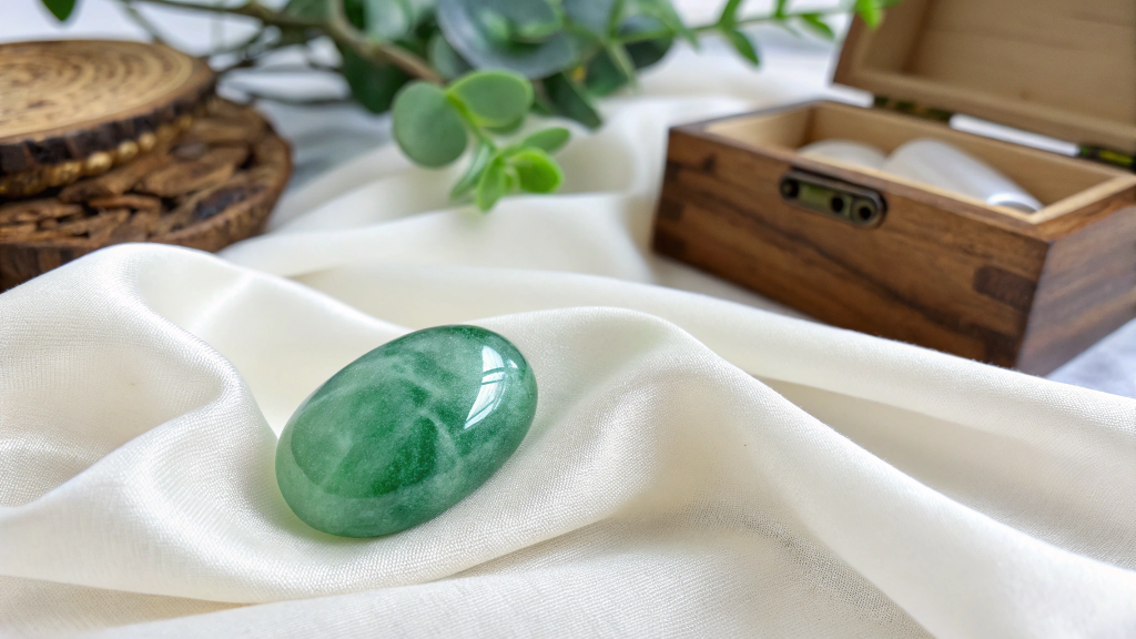 Polished green jadeite (Jadeitový Kameň) on a soft fabric.