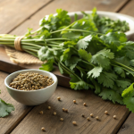 Fresh koriandri leaves with coriander seeds on a rustic wooden surface.