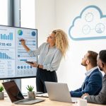 TheHRWP professionals collaborating on a digital HR dashboard with analytics and cloud tools.